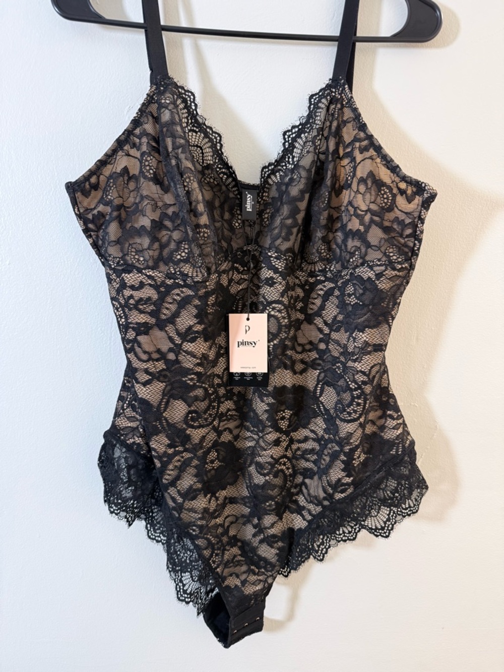 Pinsy Black Lace Chemise Bodysuit with Nude Lining